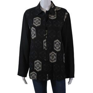 Harari Womens Silk Floral Collared Long Sleeve Button Up Blouse Top Black Size M